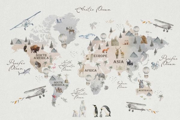 Papier peint panoramique MAP MONDE ANIMAUX