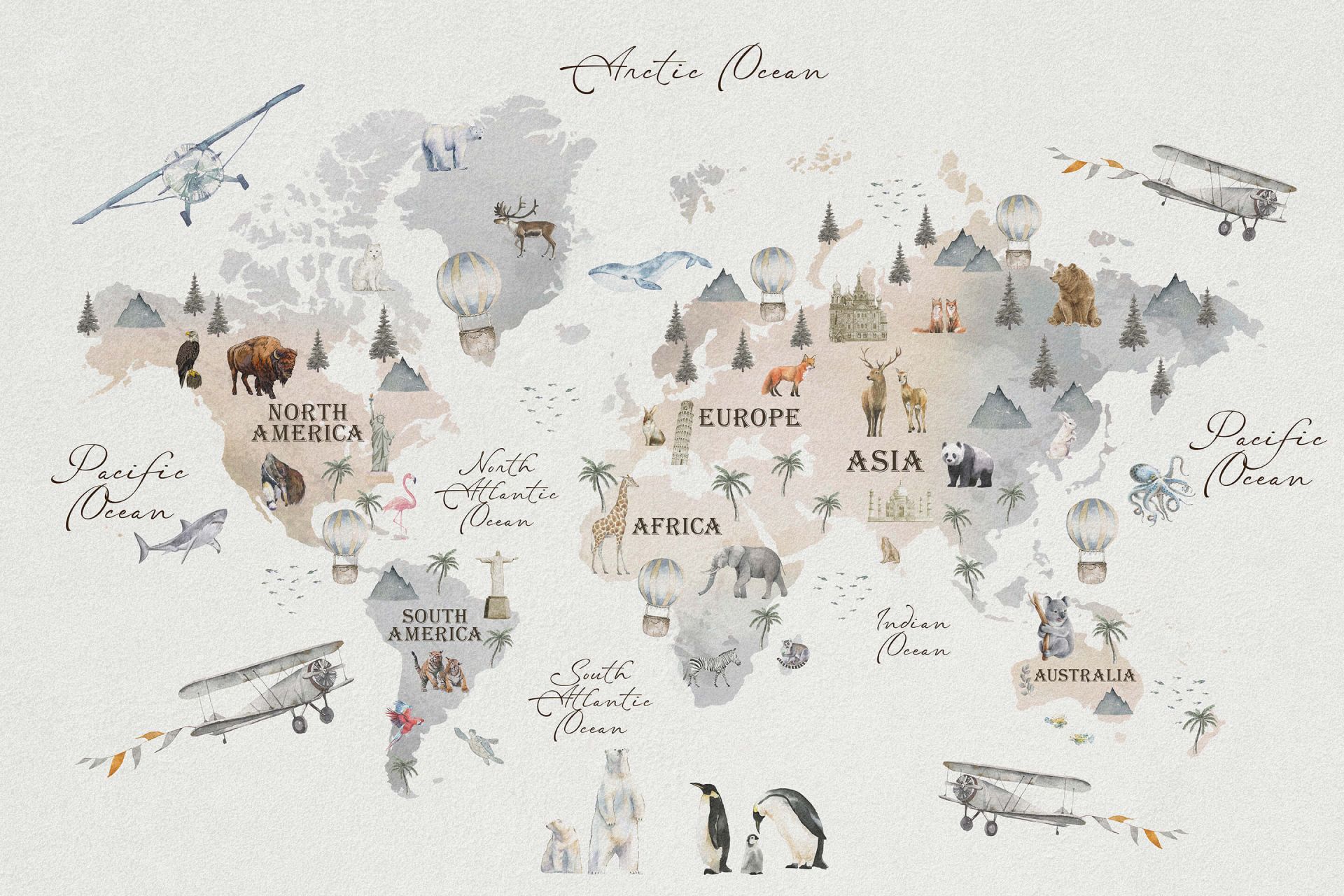 Papier peint Carte du monde illustrée Animaux - Muralconcept